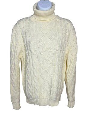 Kings Road Vintage M Cream Cable Knit Turtleneck Fisherman Sweater Unisex